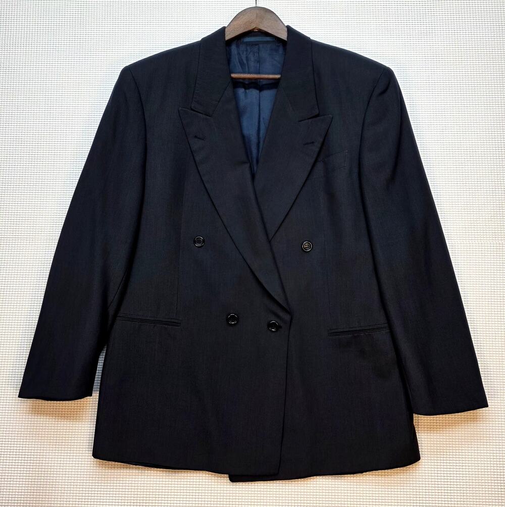 VTG Hugo Boss Double Breasted Blazer Germany Silk Wool Charcoal Grey‎ Jacket 38R